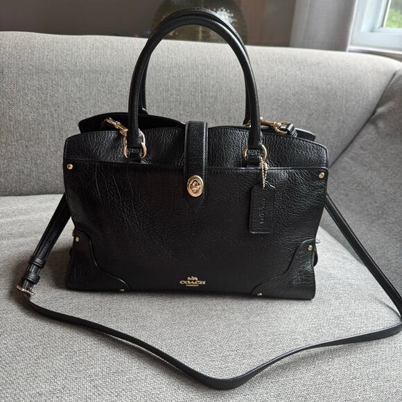 COACH Womens Mercer Satchel Hand Shoulder Bag Black Grain Leather Gold Turn Lock - Picture 2 of 16